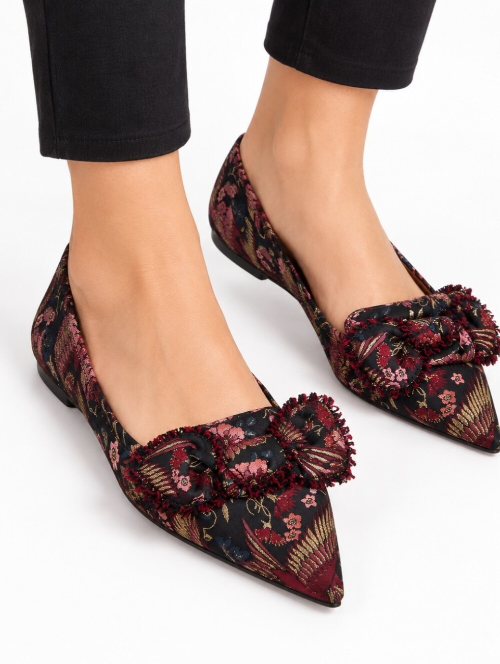 Sam Edelman Floral Brocade Pointed Toe Bow Flats Black Burgundy Gold Leather Sol